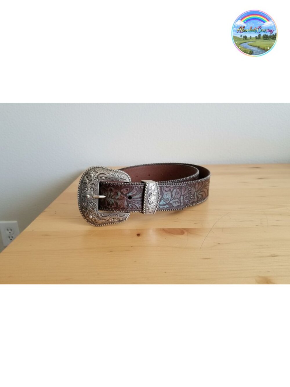 Genuine tooled leather western embossed belt antique silver buckle 1.5 wide